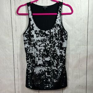 Express Sequin Tank Top Sleeveless Black & Silver Party Shirt Y2K Clubwear